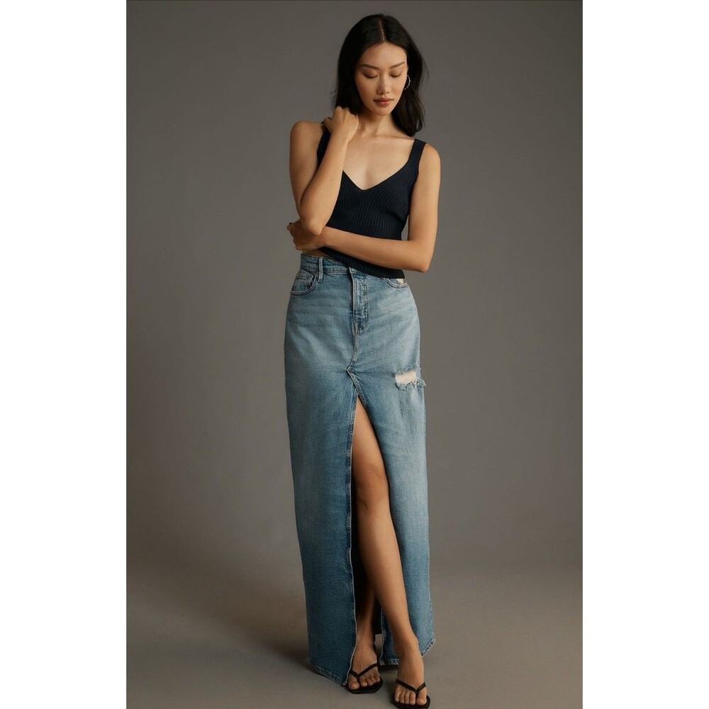 Good American Good Denim Maxi Skirt Women Blue Ease Vacay Retro Boho Size 12 NWT